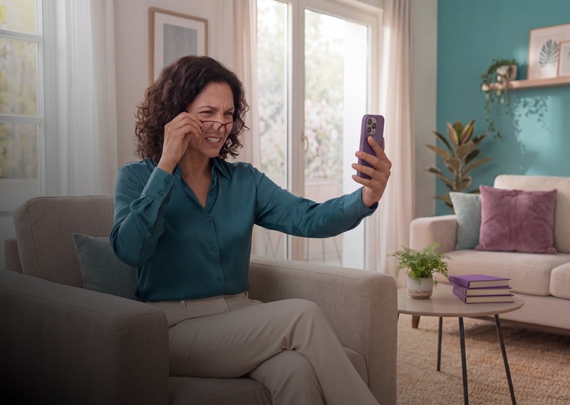 Woman experiencing presbyopia, struggling to read her phone