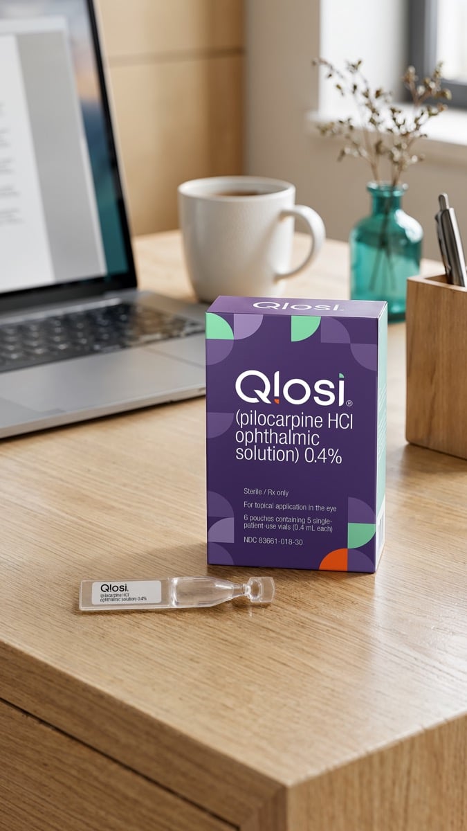 Qlosi (pilocarpine HCl ophthalmic solution) 0.4% product box and single-dose ampule on a desk